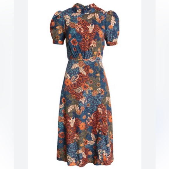 Julia Jordan Navy Fall Floral Puff Sleeve Midi Dress Tie Neck size 2 - Picture 14 of 14